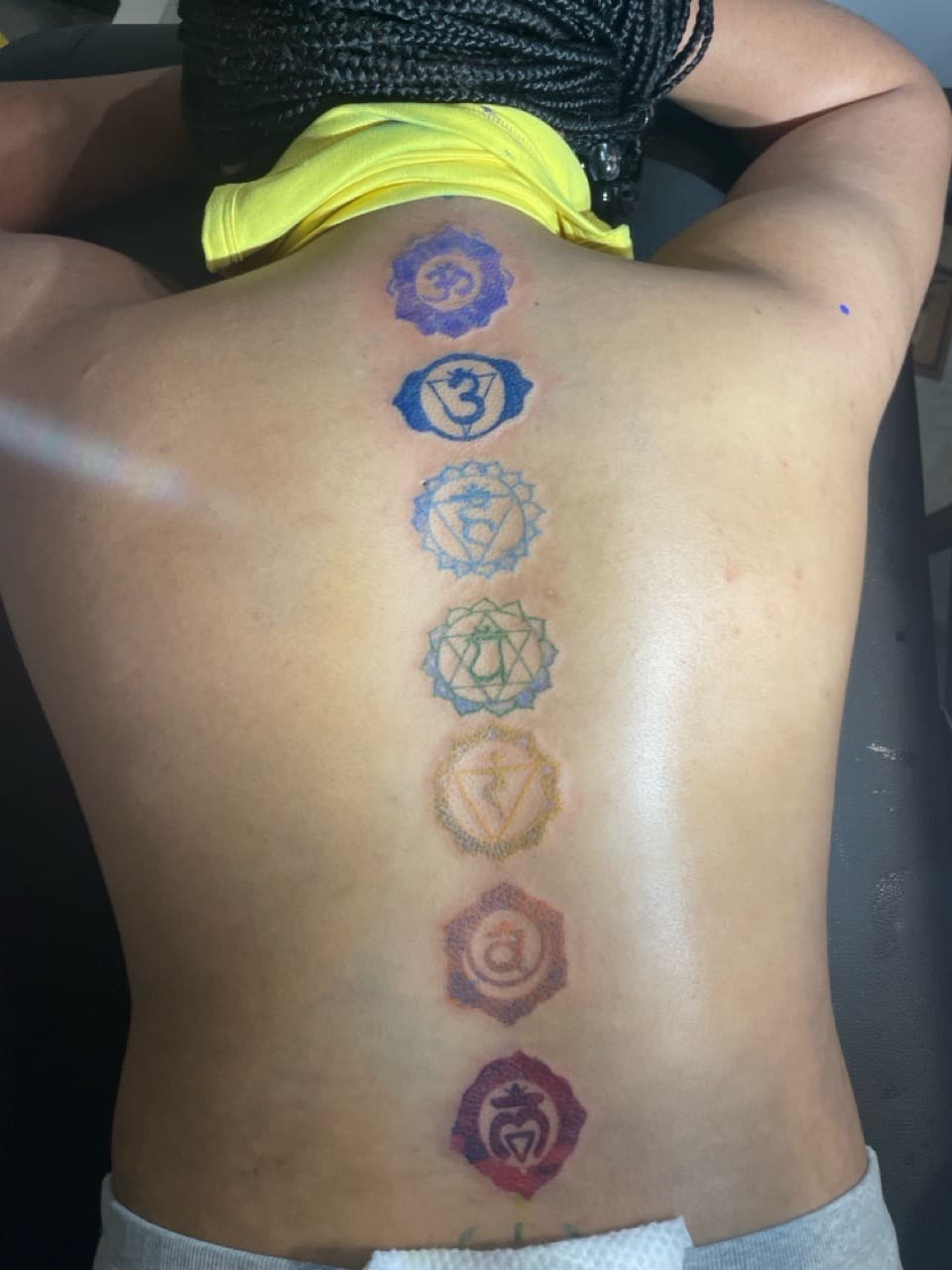 Color + Symbolic chakras tattoo on Spine by 4oeMag_Tattoos on TattMe