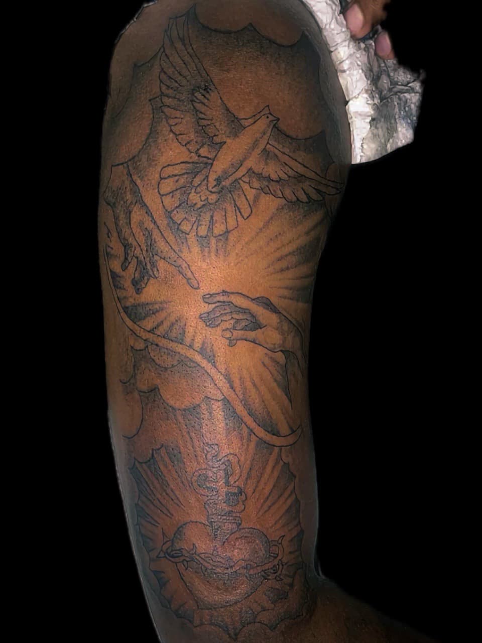 Black & Grey + Illustrative dove tattoo on Upper Arm by 4oeMag_Tattoos on TattMe