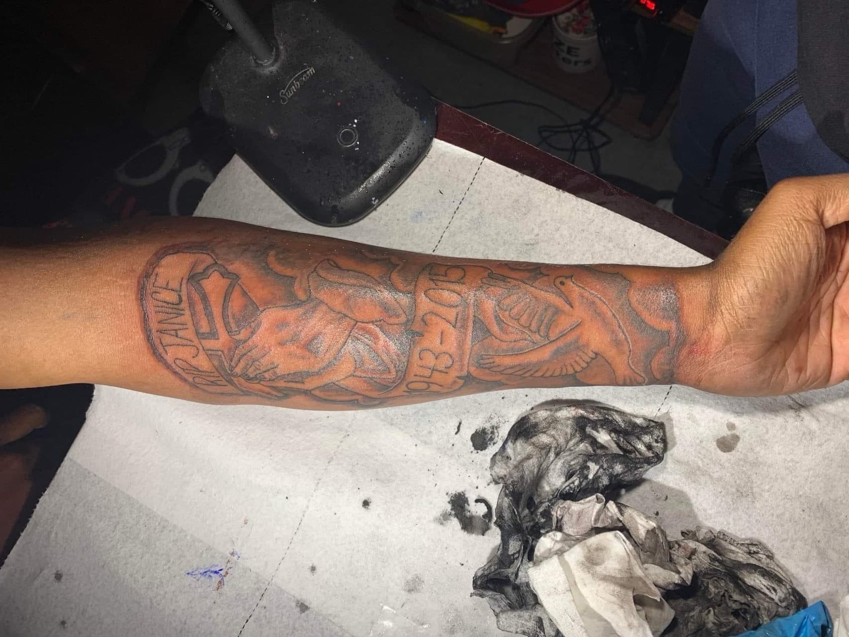 Black & Grey + Illustrative banner tattoo on Forearm by 4oeMag_Tattoos on TattMe