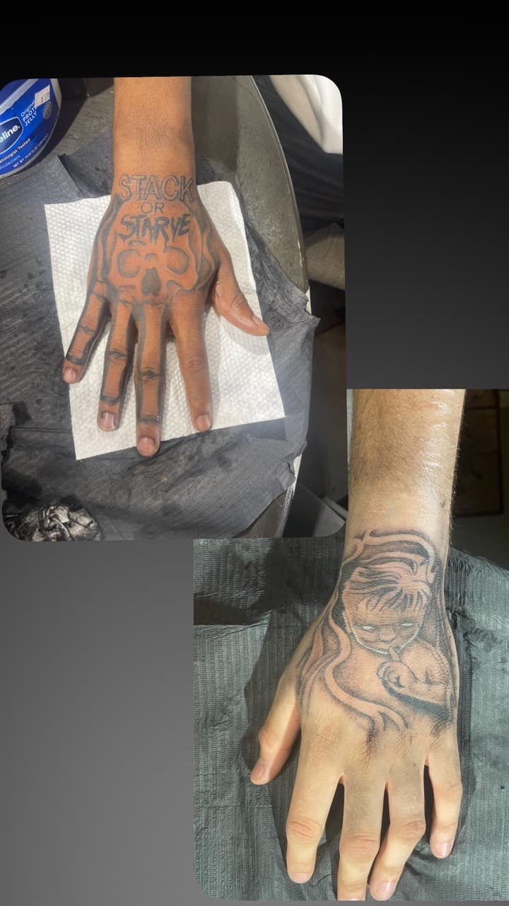 Black & Grey + Lettering skull tattoo on Hand by 4oeMag_Tattoos on TattMe