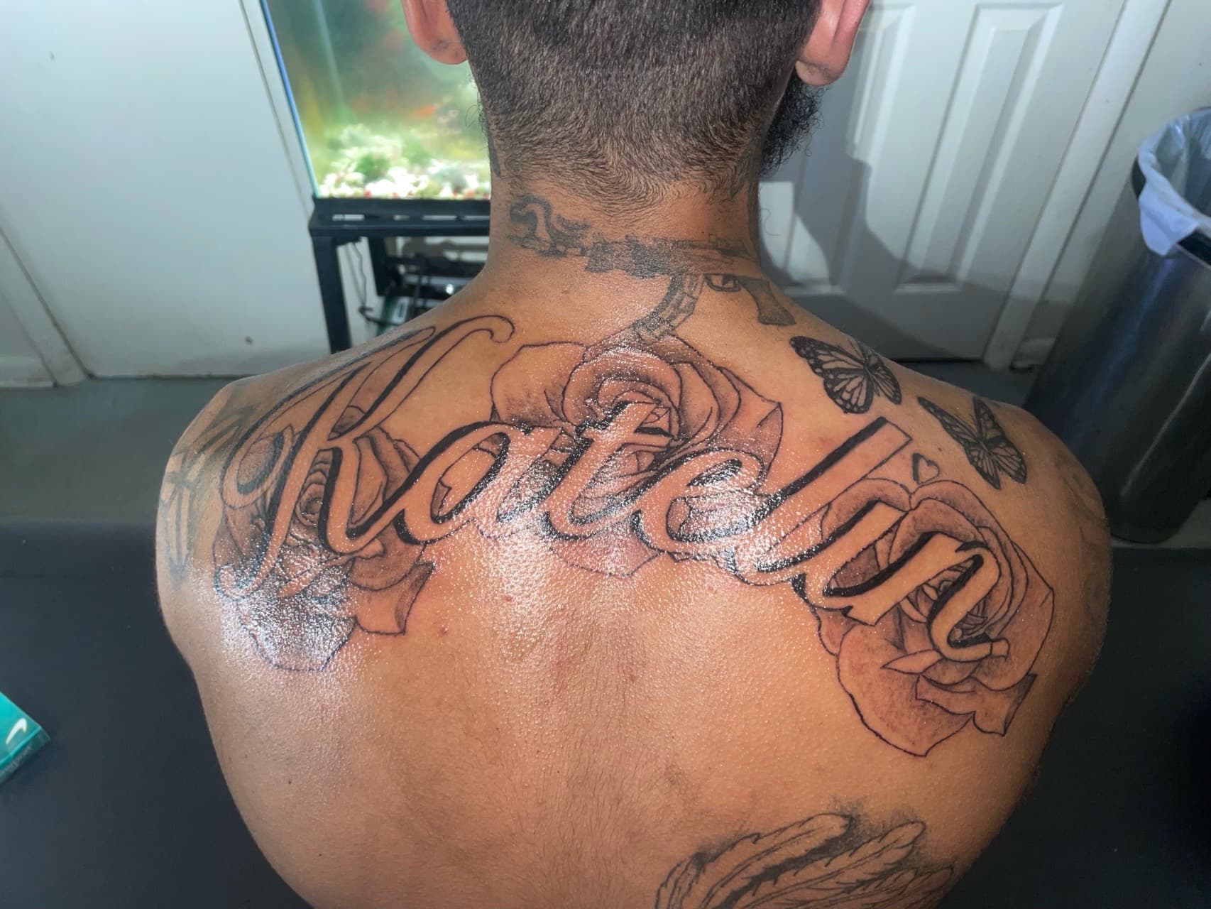 Lettering + Script name tattoo on Upper Back by 4oeMag_Tattoos on TattMe