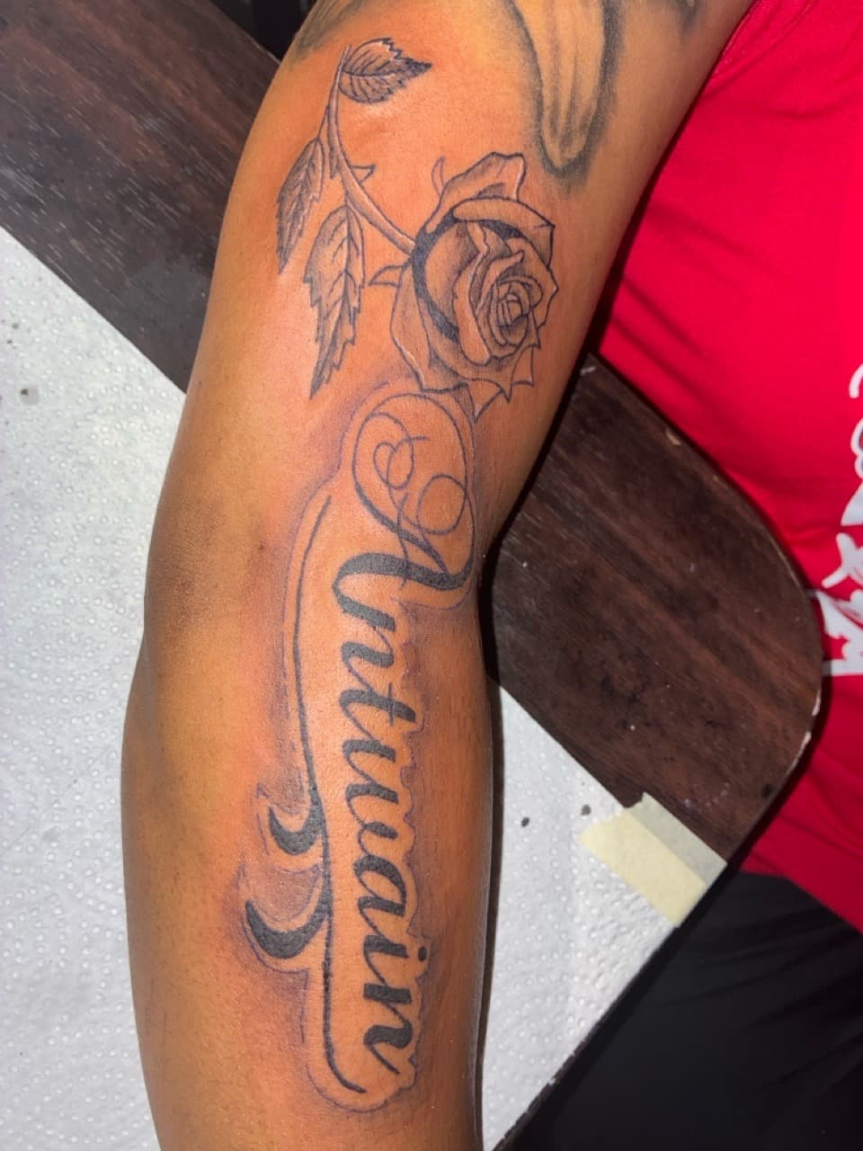 Lettering + Script rose tattoo on Upper Arm by 4oeMag_Tattoos on TattMe