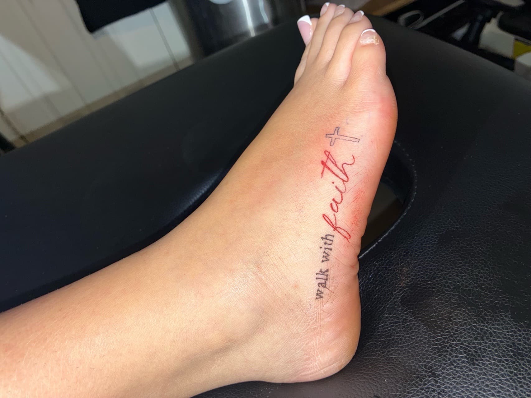 Lettering + Script cross tattoo on Foot by 4oeMag_Tattoos on TattMe