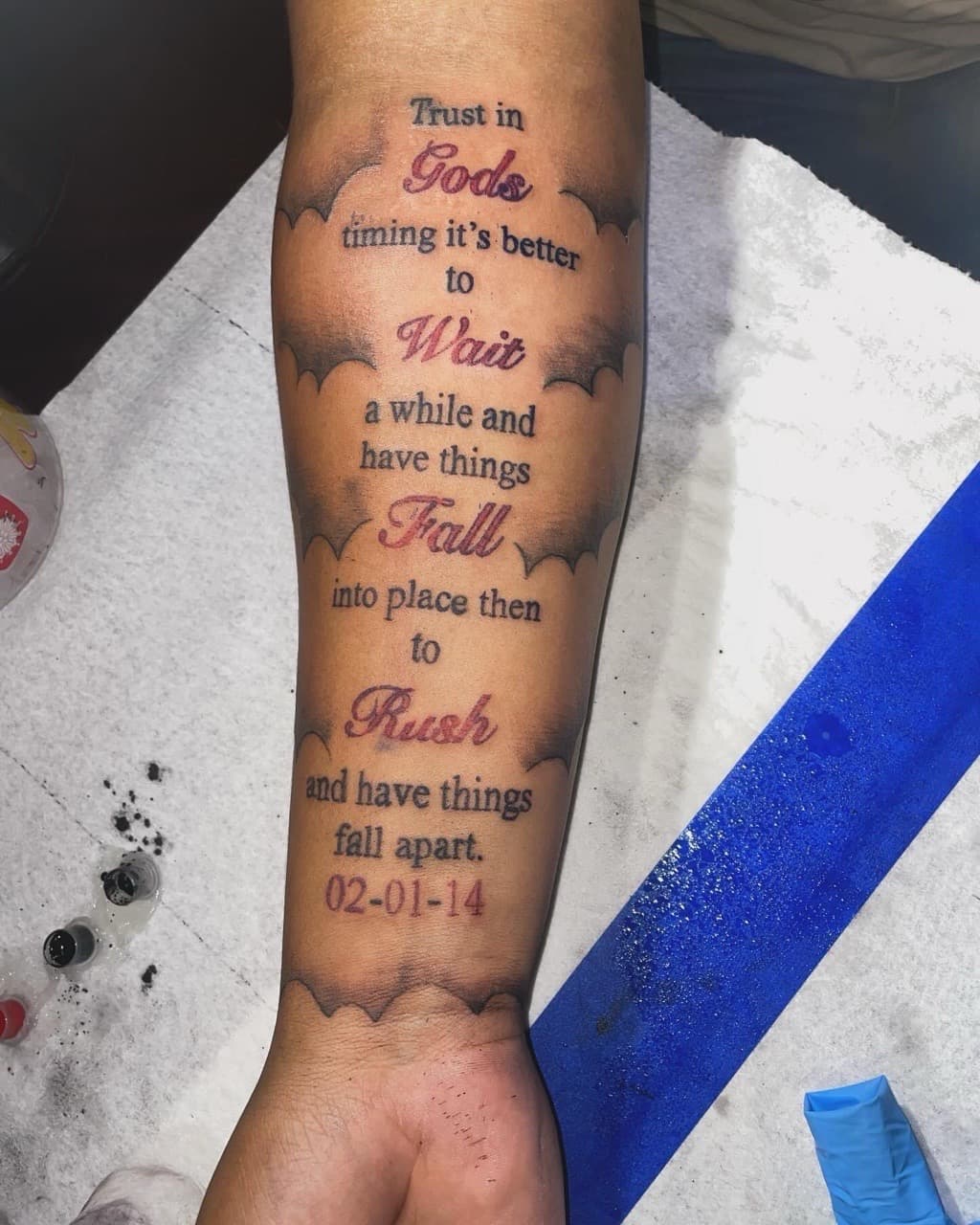 Lettering + Script quote tattoo on Forearm by 4oeMag_Tattoos on TattMe