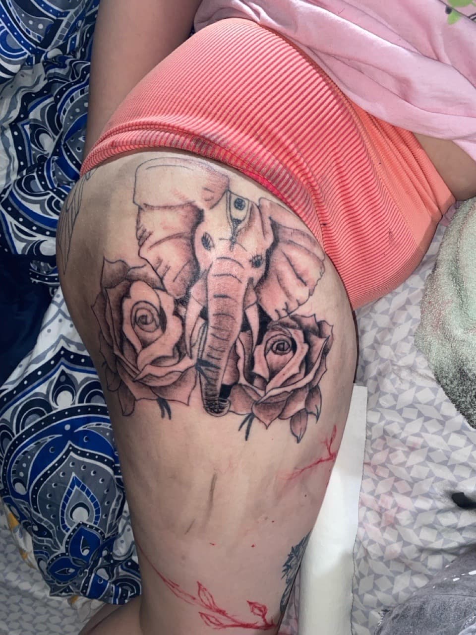 Black & Grey + Illustrative elephant tattoo on Thigh by 4oeMag_Tattoos on TattMe