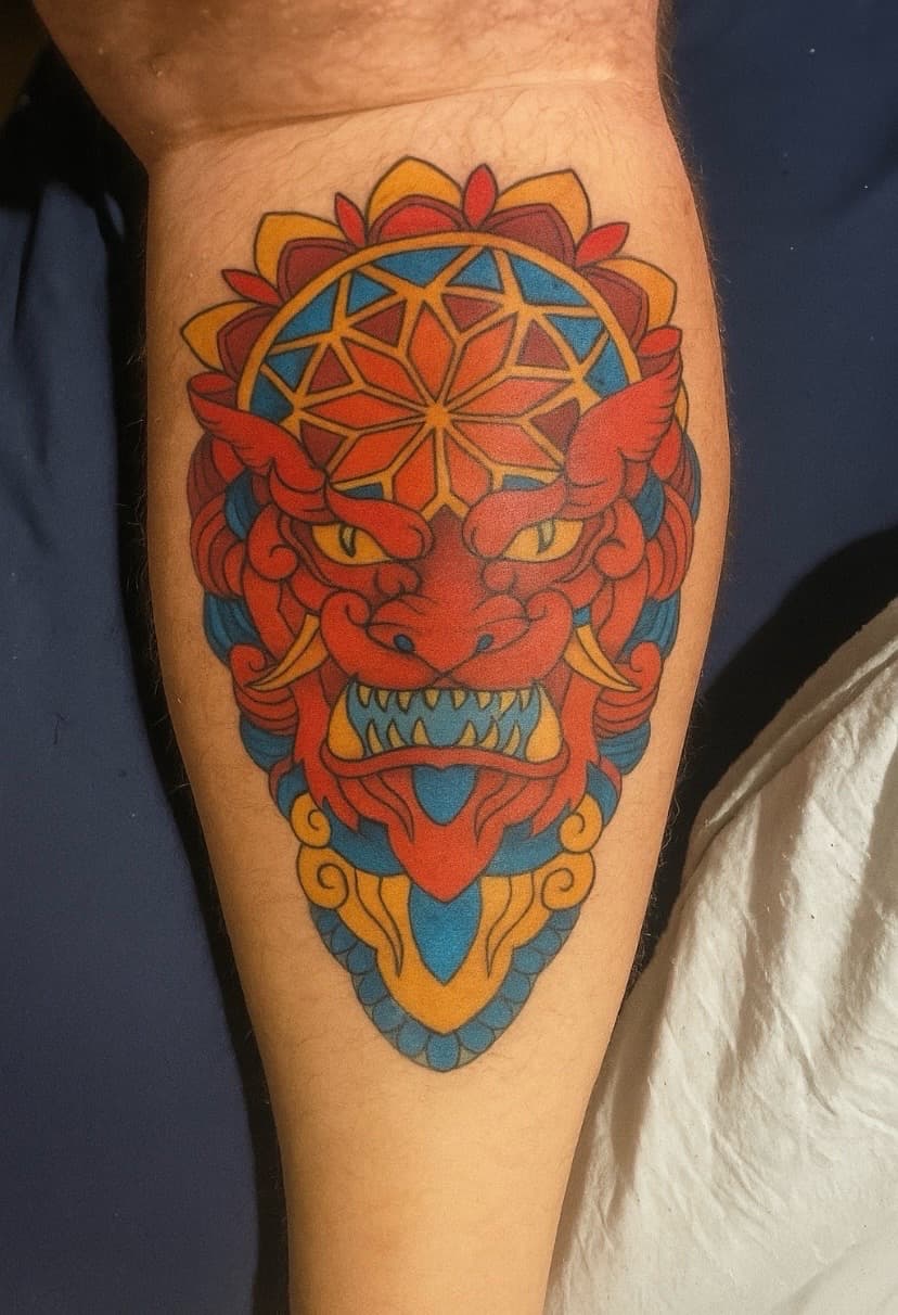 Neo-Traditional + Japanese demon tattoo on Calf by The_plug_Tattoo._Co on TattMe