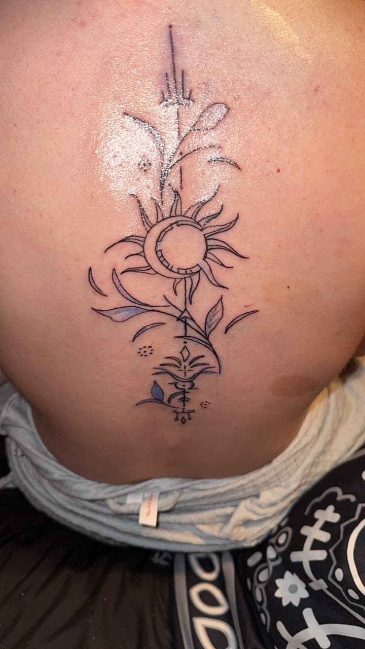 Fine Line + Line-work sun tattoo on Upper Back by The_plug_Tattoo._Co on TattMe