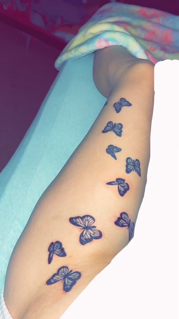 Black-work + Line-work butterflies tattoo on Thigh by The_plug_Tattoo._Co on TattMe