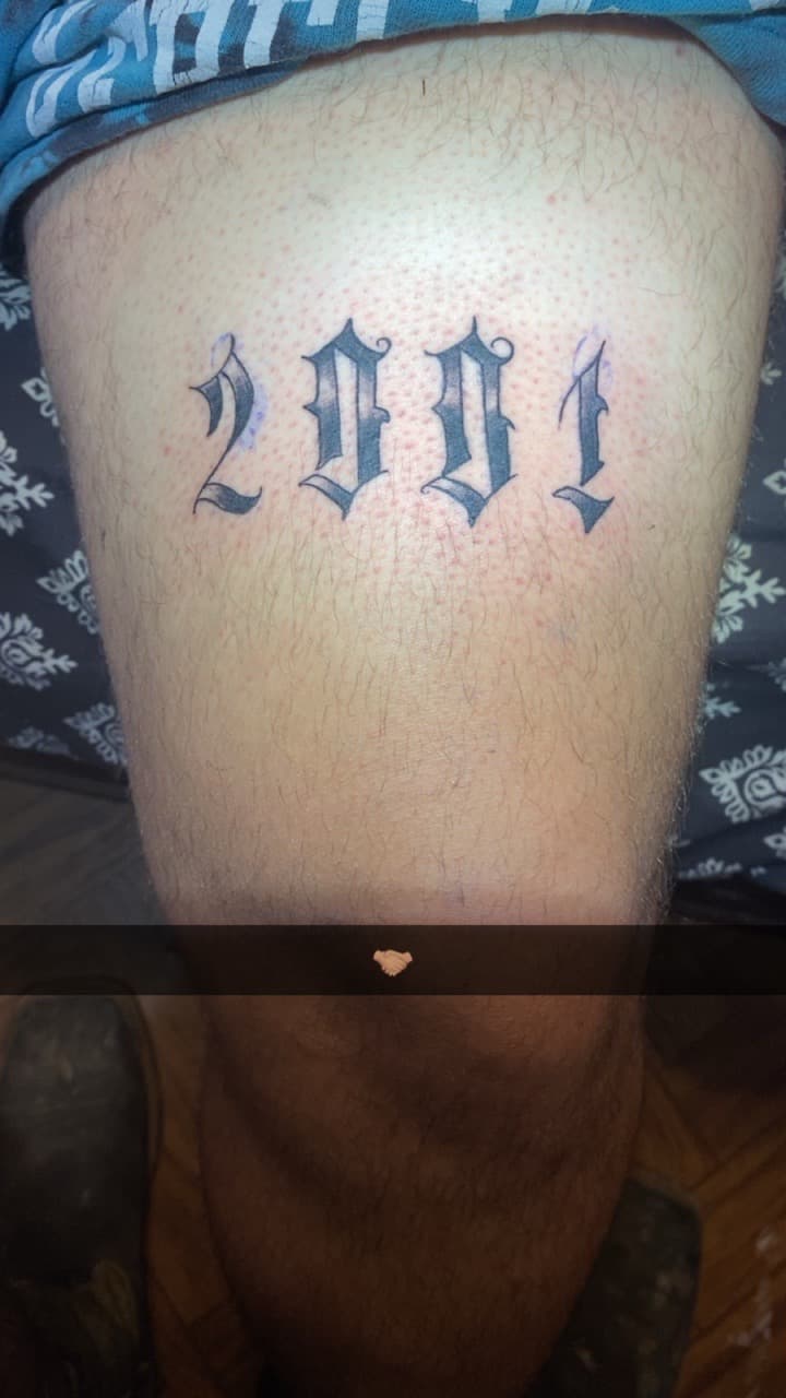 Lettering + Script numbers tattoo on Thigh by The_plug_Tattoo._Co on TattMe