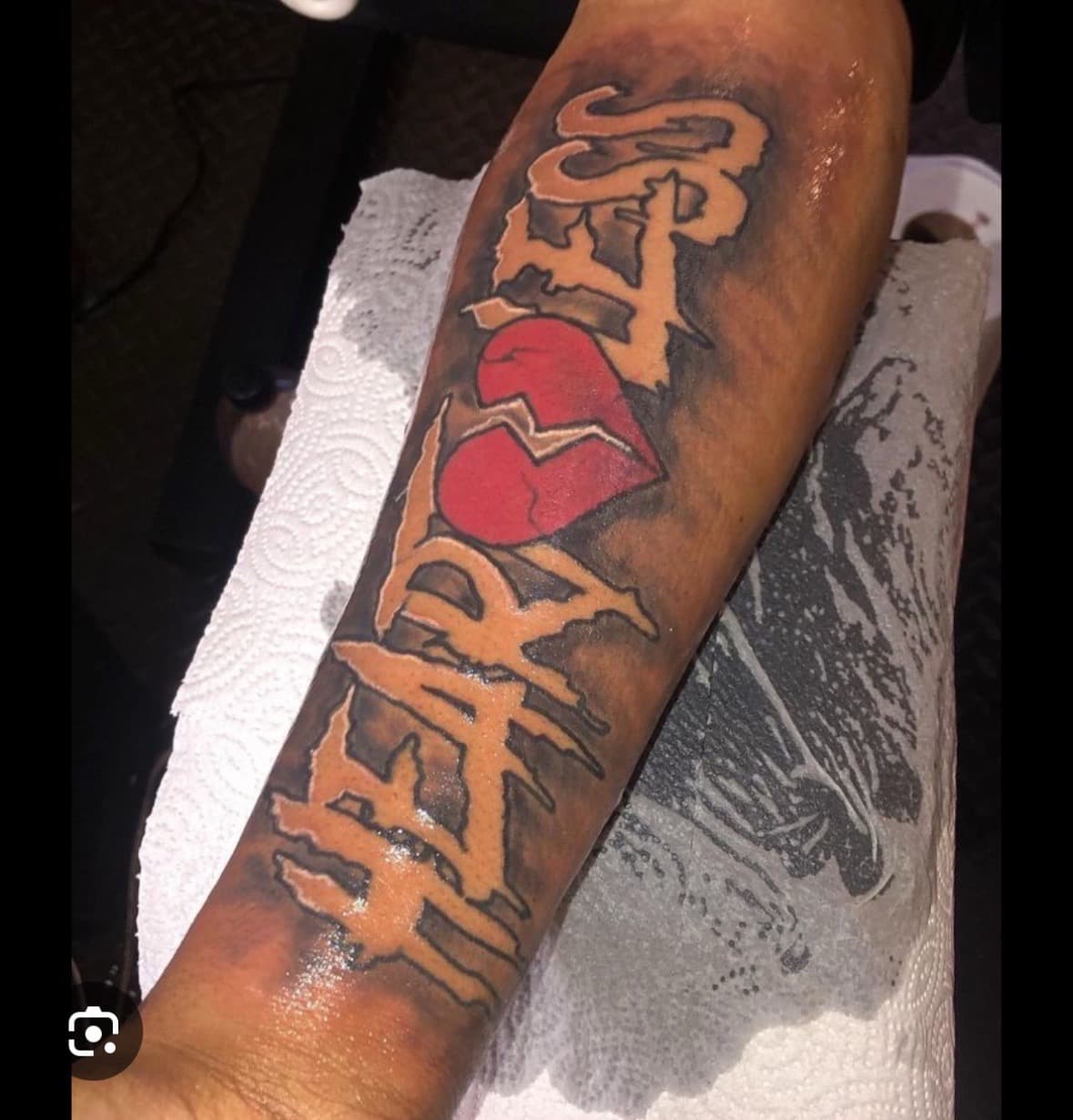 Lettering + Script broken heart tattoo on Forearm by WhimsicalTATTS on TattMe
