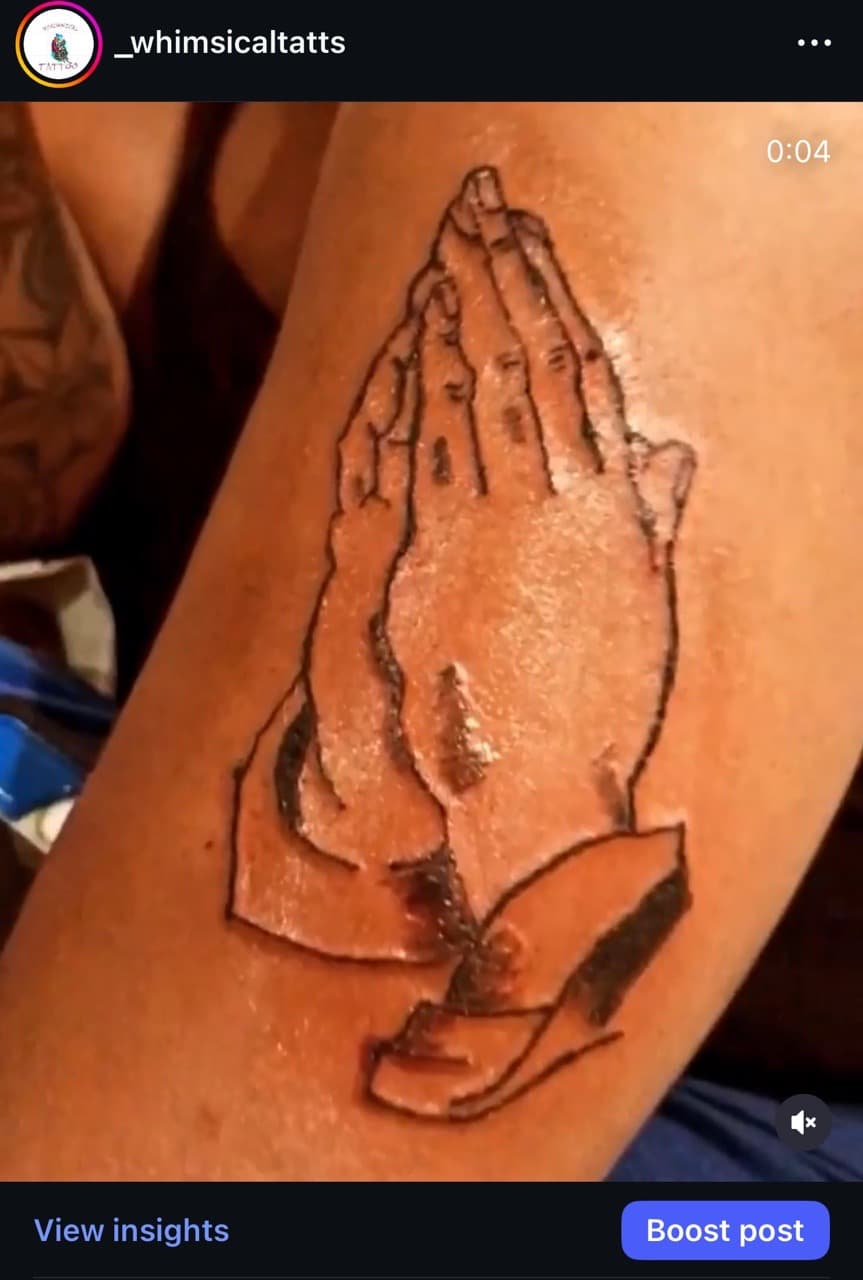 Line-work + Black-work praying hands tattoo on Upper Arm by WhimsicalTATTS on TattMe
