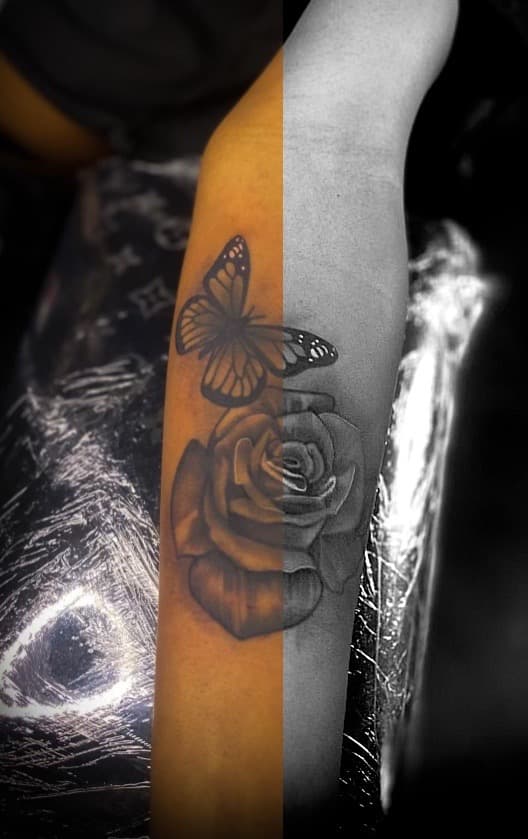 Black & Grey + Illustrative butterfly tattoo on Forearm by TNO_INK on TattMe