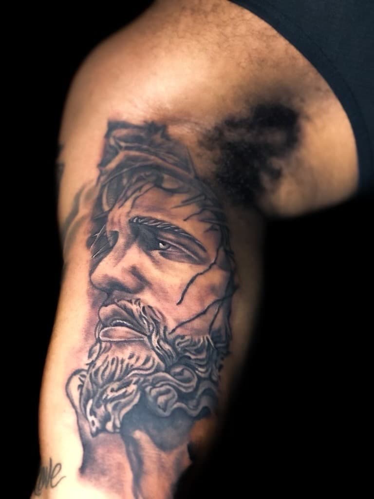 Black & Grey + Realism man tattoo on Upper Arm by TNO_INK on TattMe