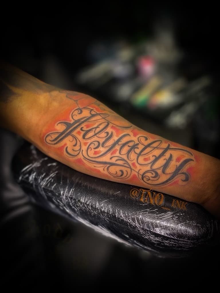 Lettering + Script loyalty tattoo on Forearm by TNO_INK on TattMe