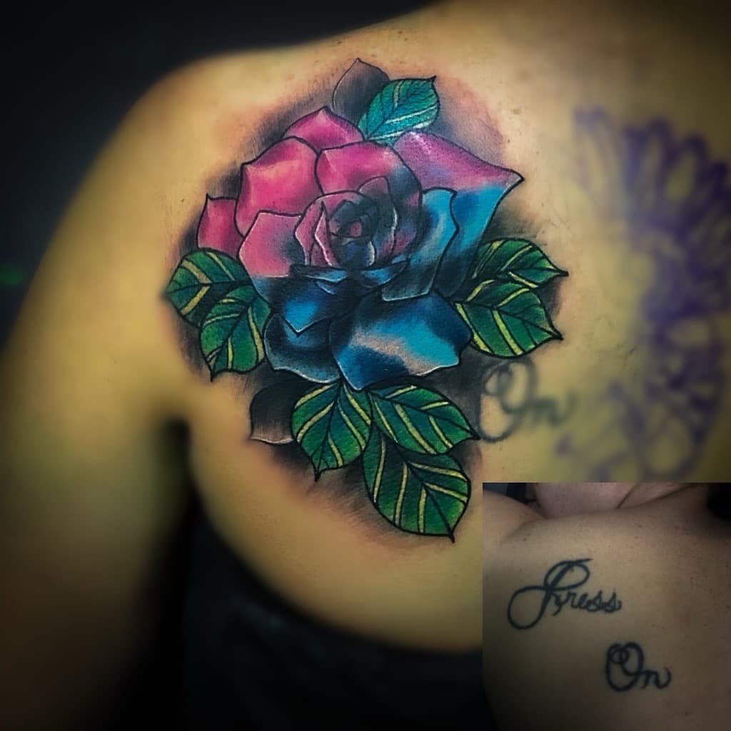 Color + Illustrative rose tattoo on Shoulder Blade by TNO_INK on TattMe