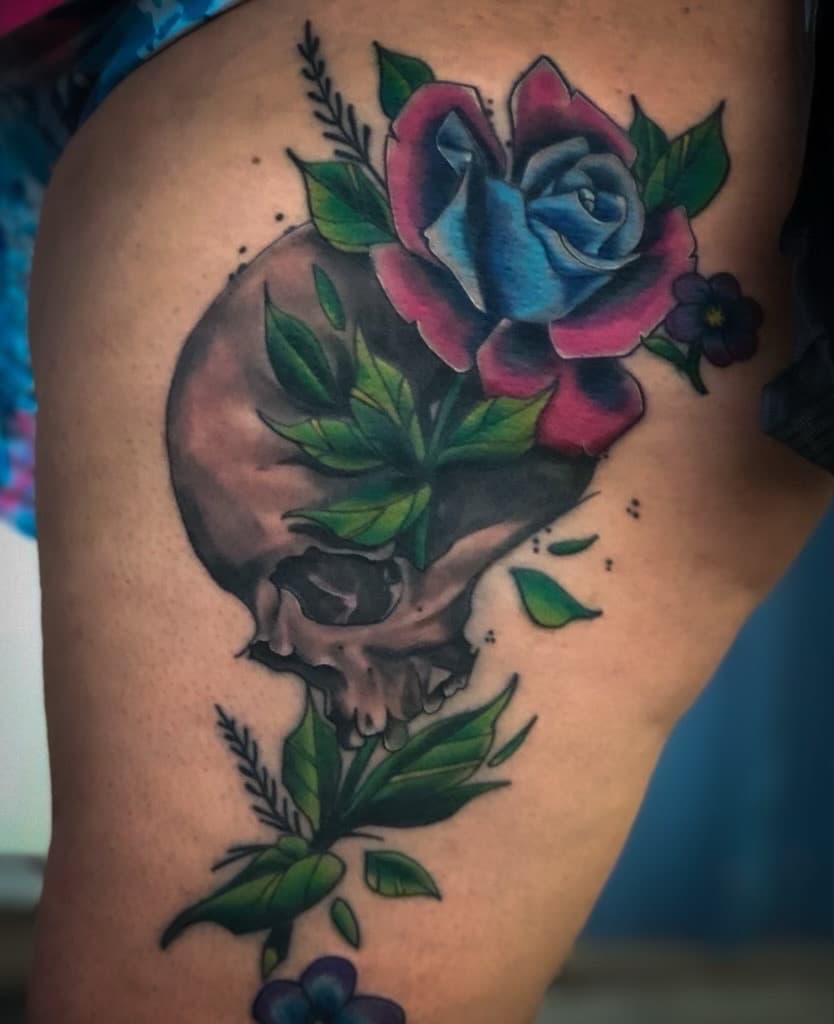 Illustrative + Color skull tattoo on Thigh by TNO_INK on TattMe