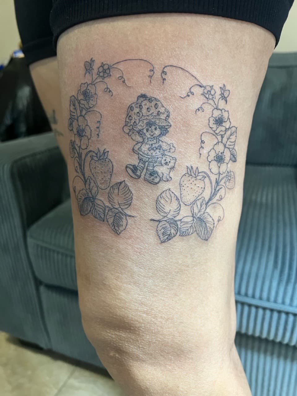 Fine Line + Cartoon strawberry shortcake tattoo on Thigh by Gifted_Artist on TattMe