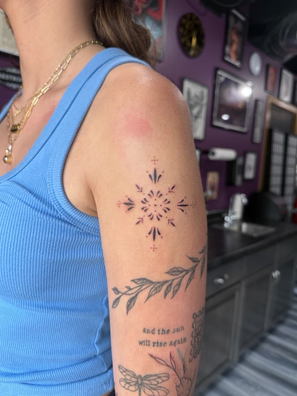 Fine Line + Black-work ornament tattoo on Upper Arm by Myers_Tattoos on TattMe