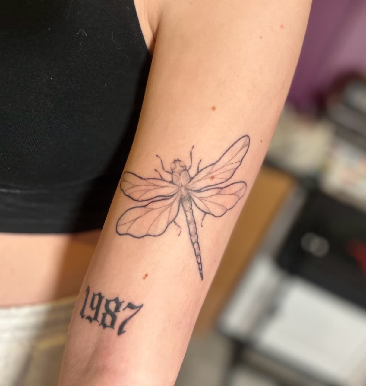 Fine Line + Lettering dragonfly tattoo on Forearm by Myers_Tattoos on TattMe