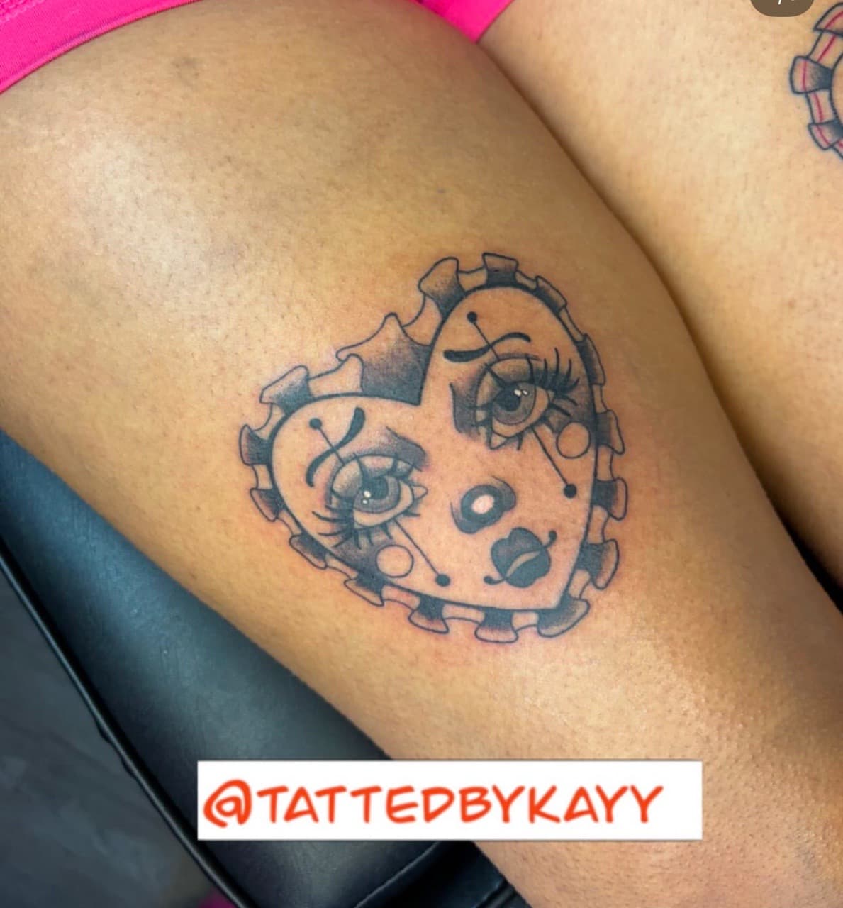 Black & Grey + Illustrative heart tattoo on Thigh by tattedbykayy on TattMe