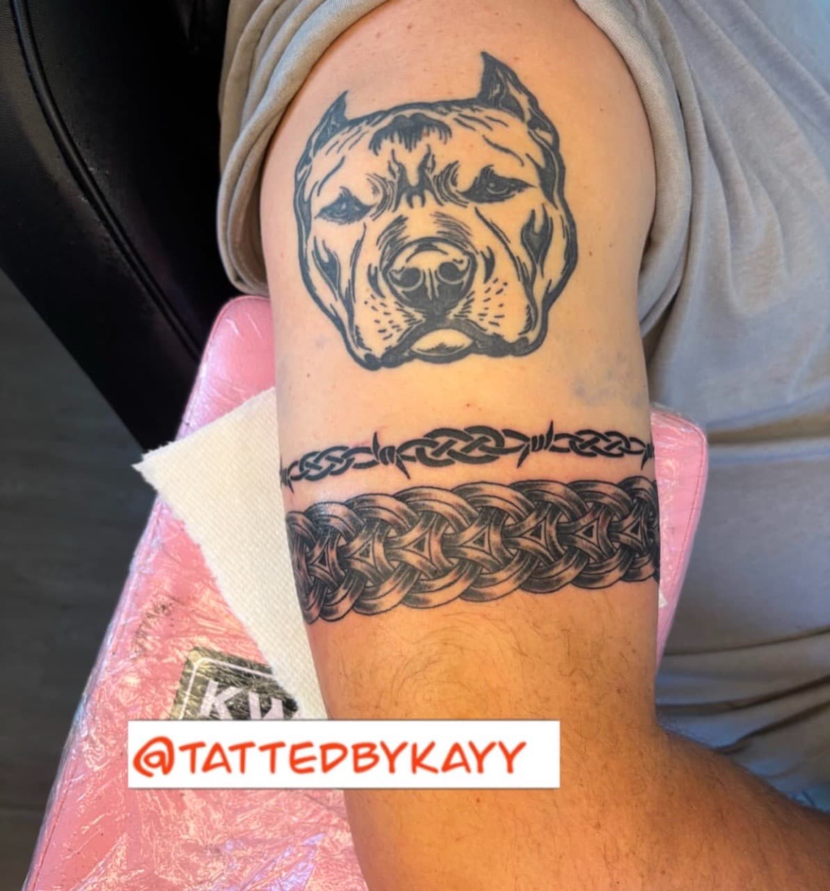 Black & Grey + Illustrative dog tattoo on Upper Arm by tattedbykayy on TattMe