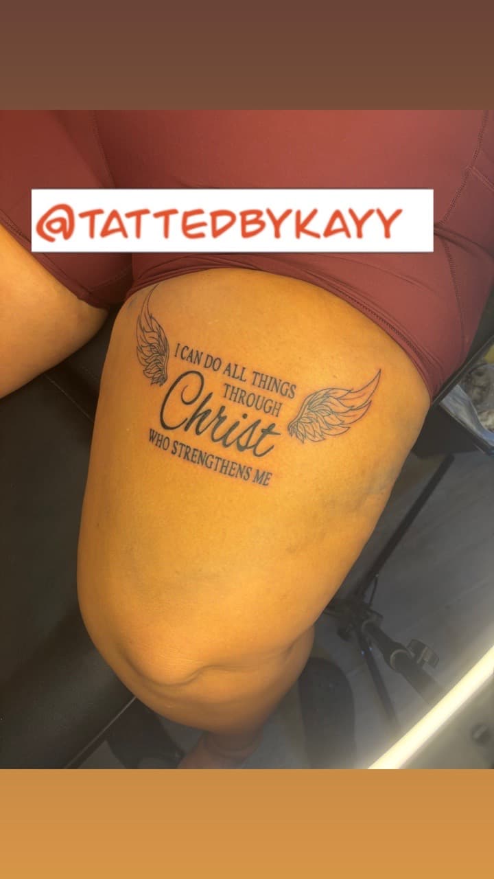 Lettering + Script wings tattoo on Thigh by tattedbykayy on TattMe