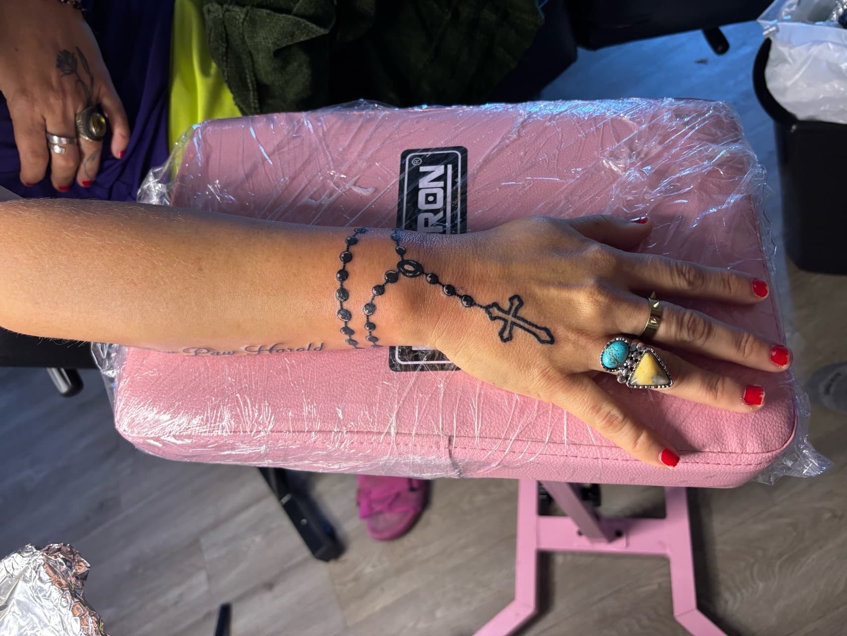 Fine Line + Black-work rosary tattoo on Hand by tattedbykayy on TattMe