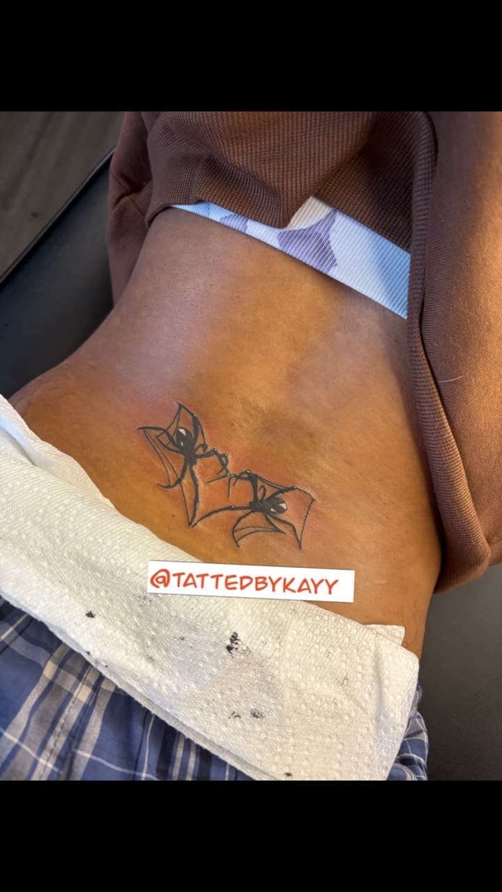 Black-work + Line-work spiders tattoo on Lower Back by tattedbykayy on TattMe