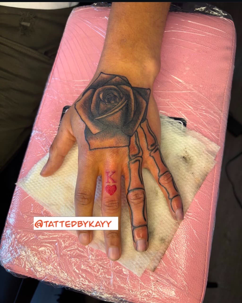 Black & Grey + Illustrative rose tattoo on Hand by tattedbykayy on TattMe