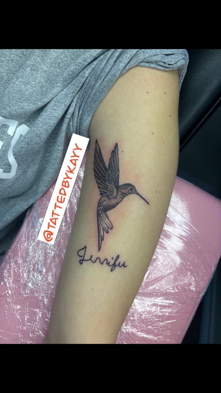 Fine Line + Black & Grey hummingbird tattoo on Forearm by tattedbykayy on TattMe