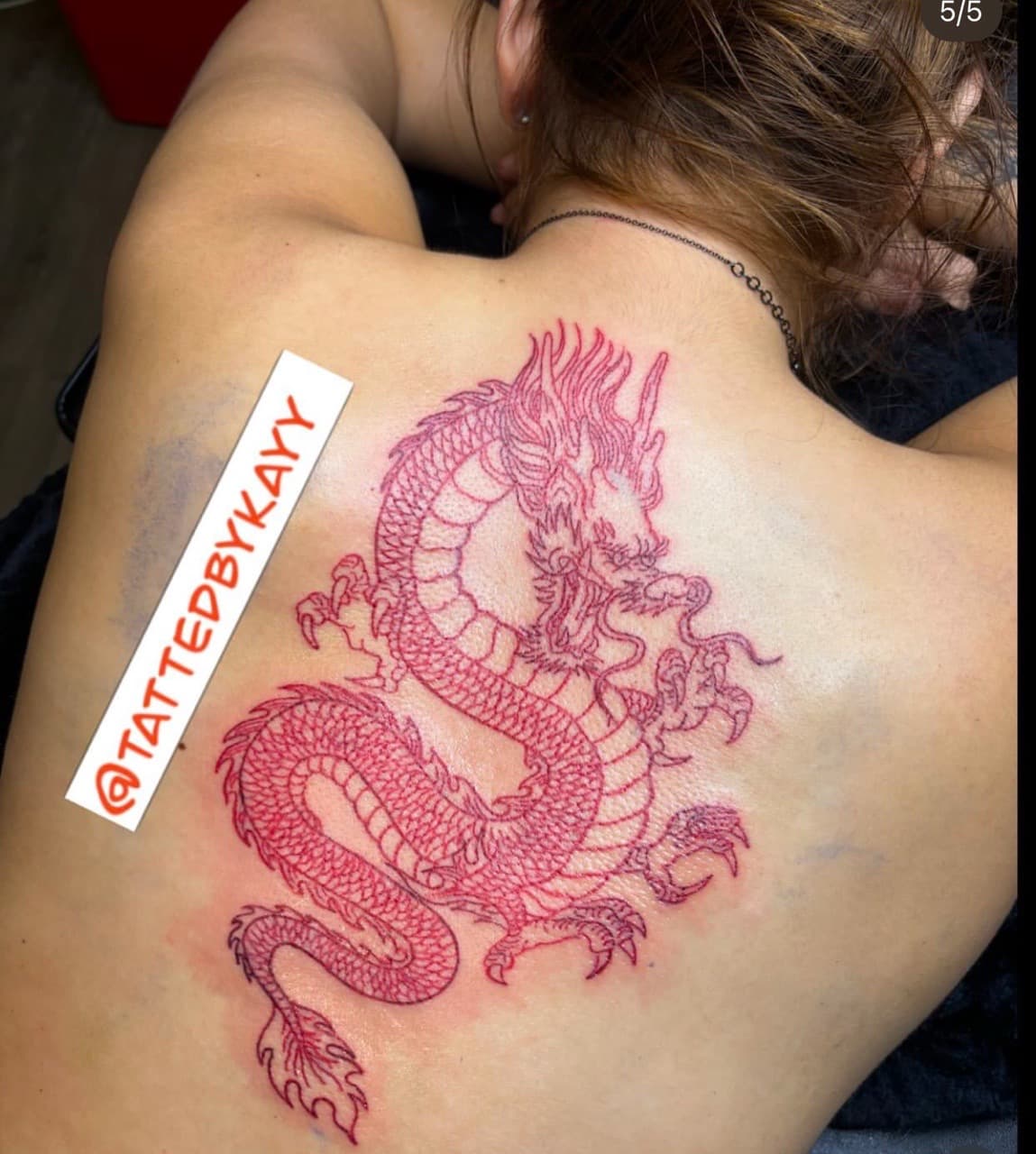 Line-work + Color dragon tattoo on Upper Back by tattedbykayy on TattMe