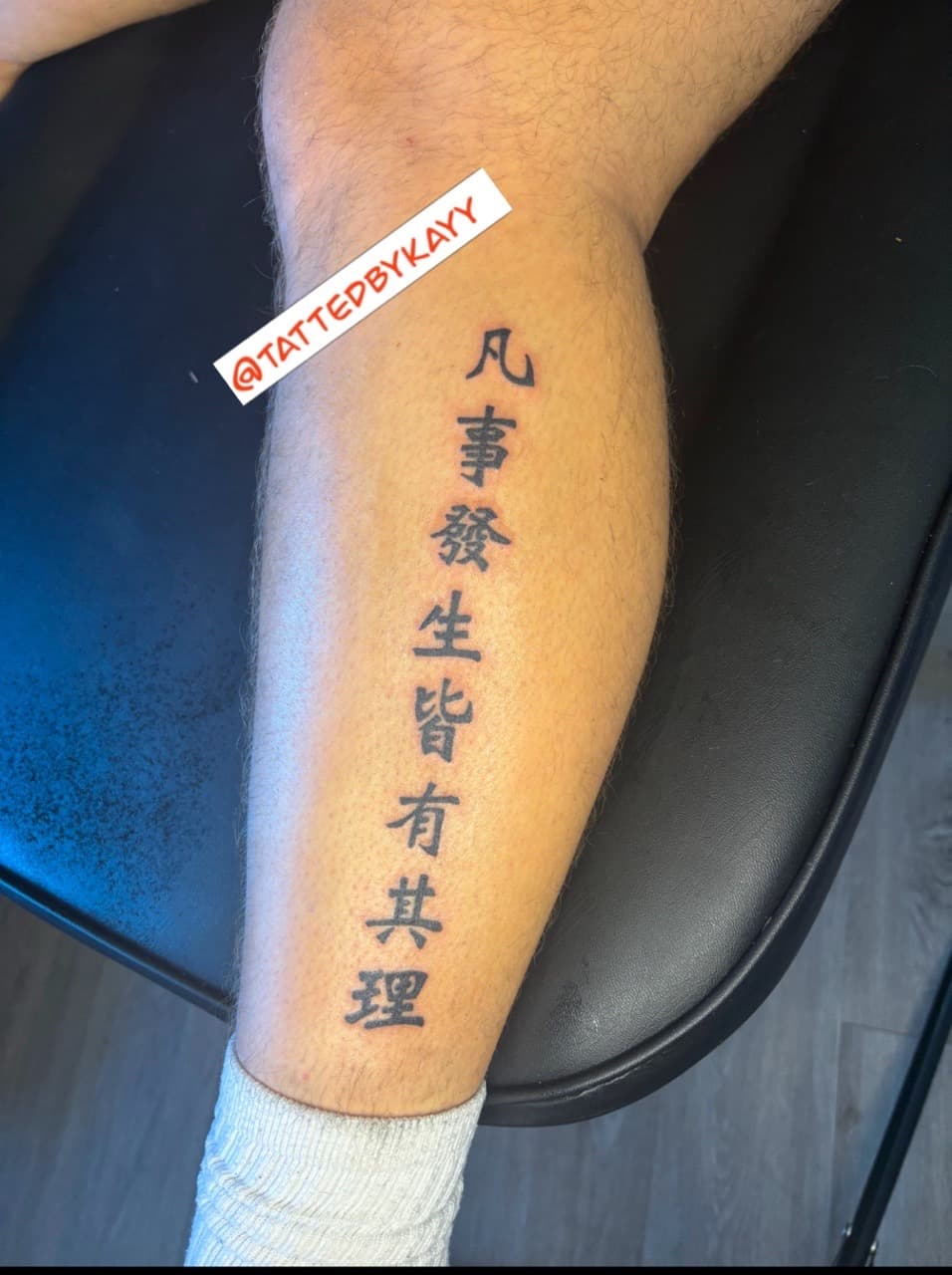 Lettering + Script characters tattoo on Calf by tattedbykayy on TattMe