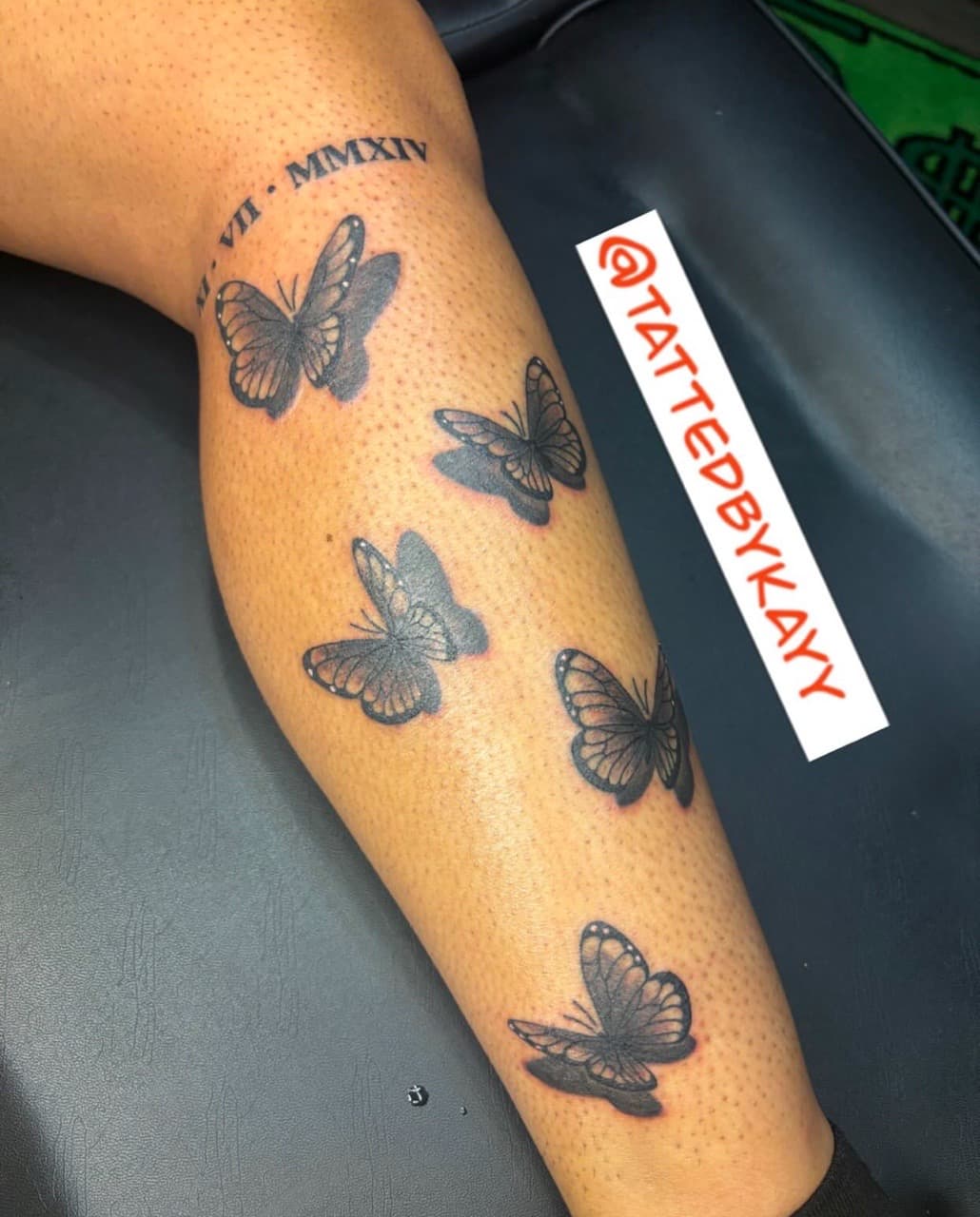 Fine Line + Black & Grey butterflies tattoo on Calf by tattedbykayy on TattMe