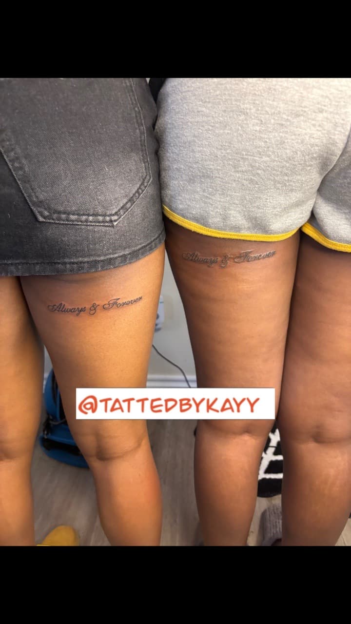 Lettering + Script phrase tattoo on Thigh by tattedbykayy on TattMe