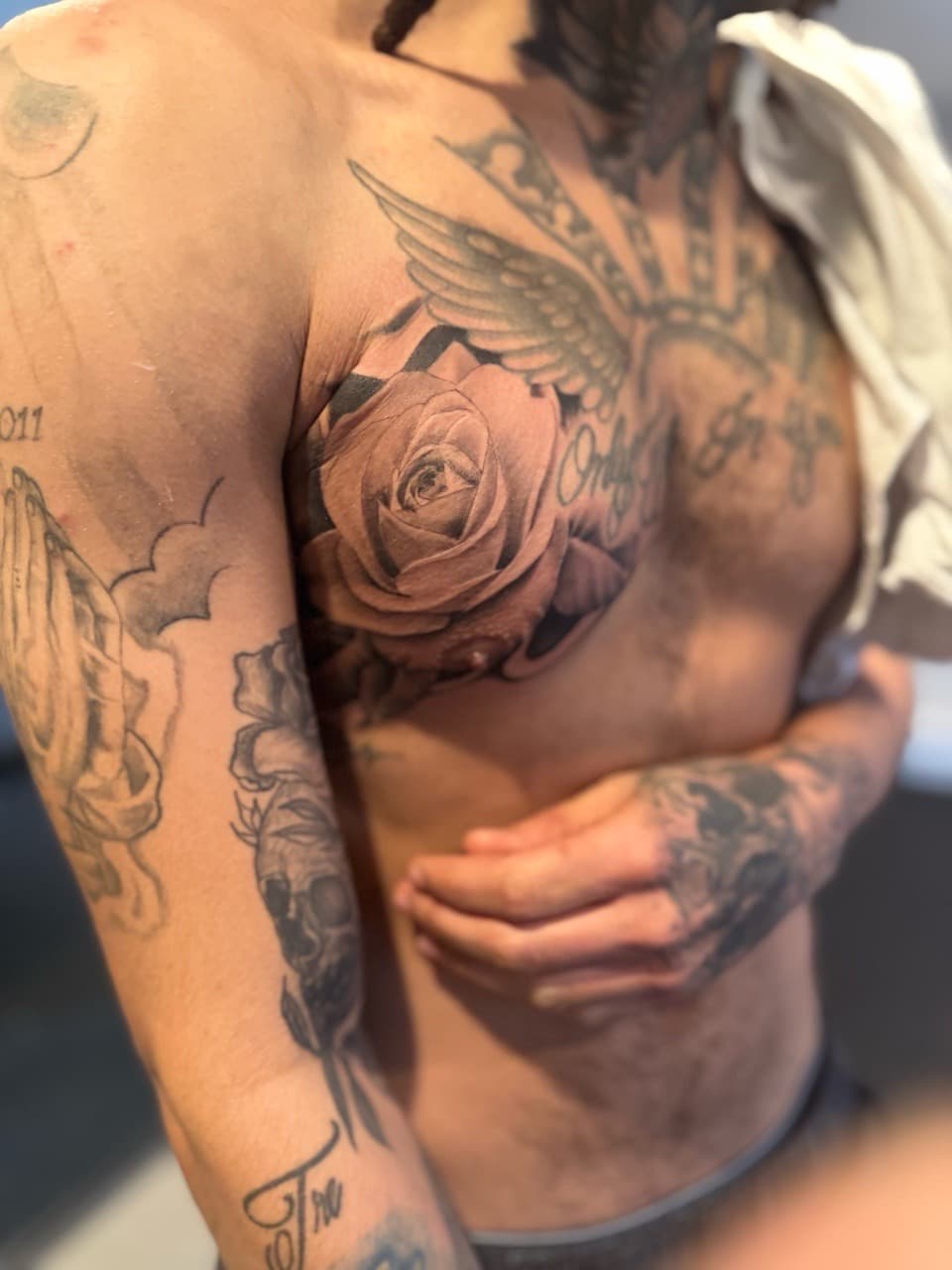 Black & Grey + Realism rose tattoo on Chest by Zay_Inkz on TattMe