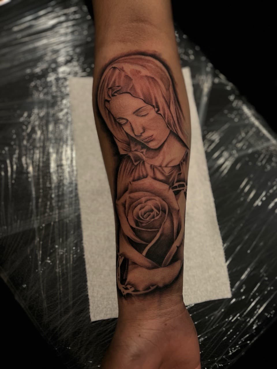 Black & Grey + Realism virgin mary tattoo on Forearm by Zay_Inkz on TattMe