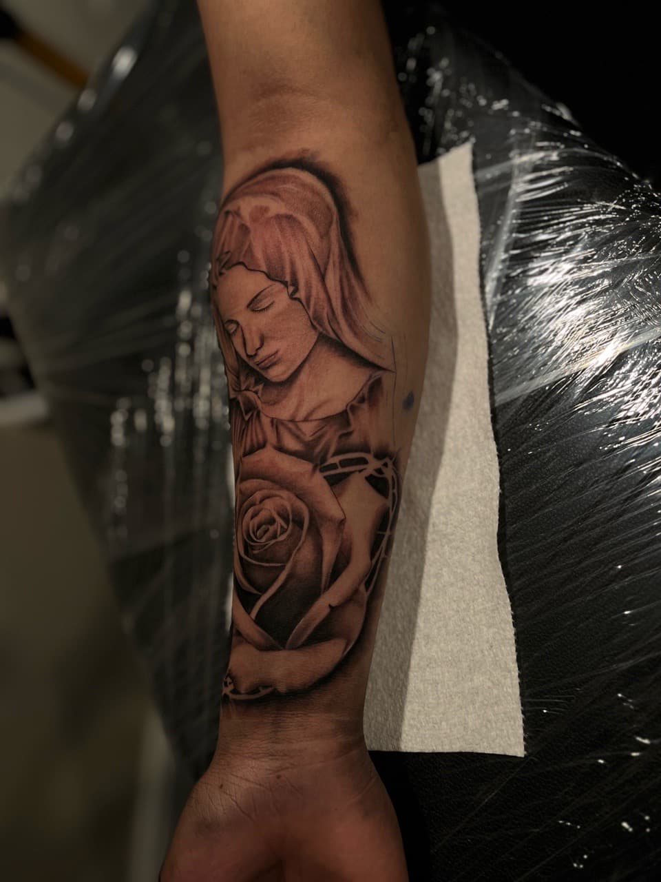 Black & Grey + Realism virgin mary tattoo on Forearm by Zay_Inkz on TattMe