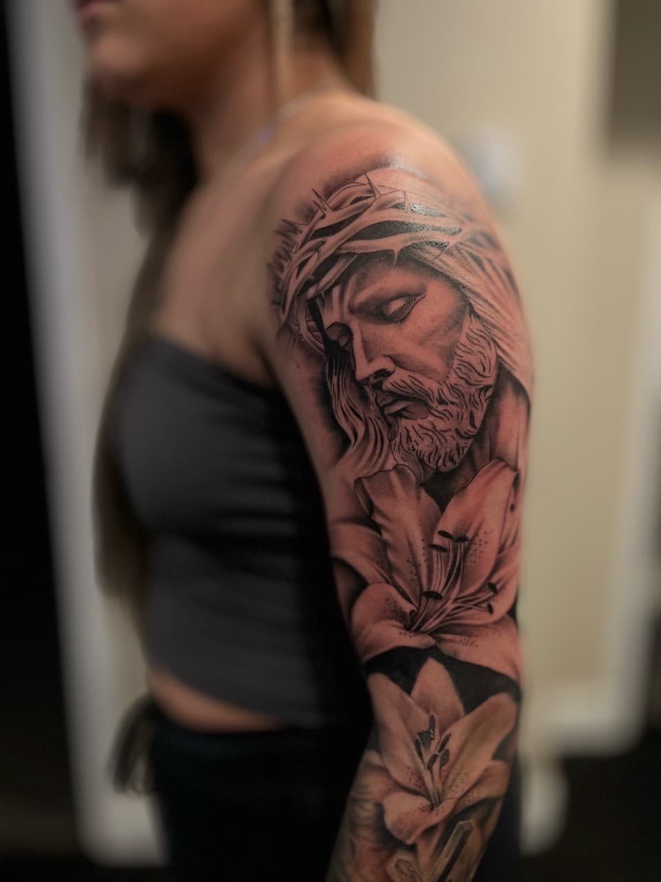 Realism + Black & Grey jesus tattoo on Upper Arm by Zay_Inkz on TattMe