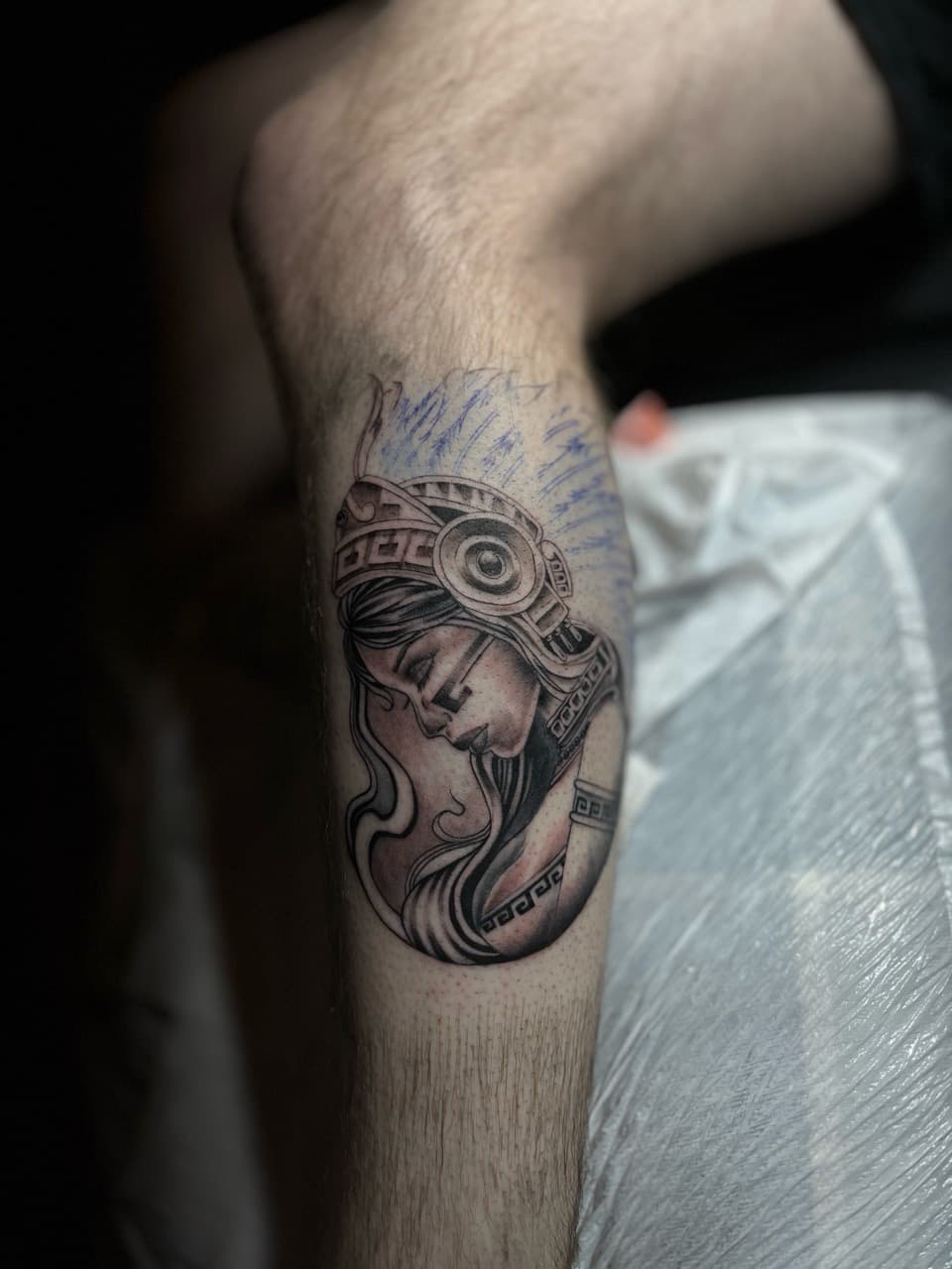 Black & Grey + Illustrative woman tattoo on Calf by Zay_Inkz on TattMe