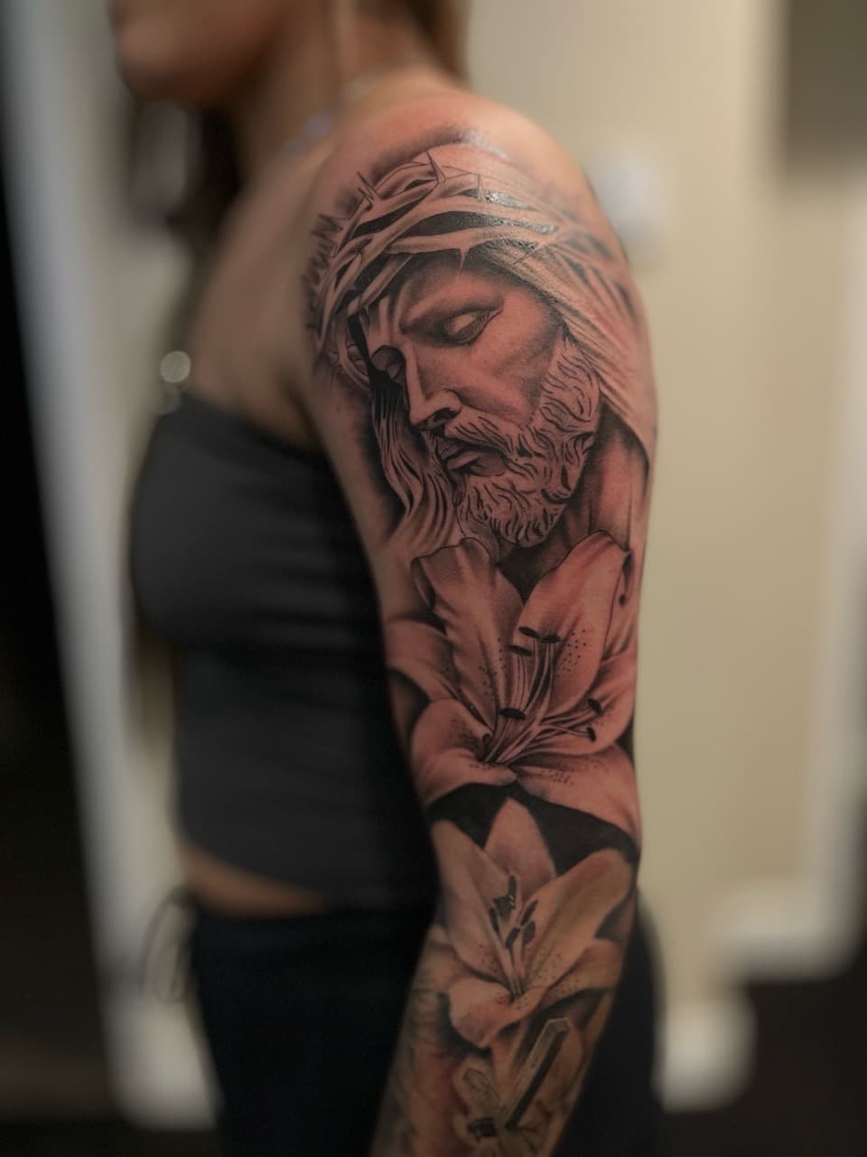 Black & Grey + Realism jesus tattoo on Half Sleeve by Zay_Inkz on TattMe