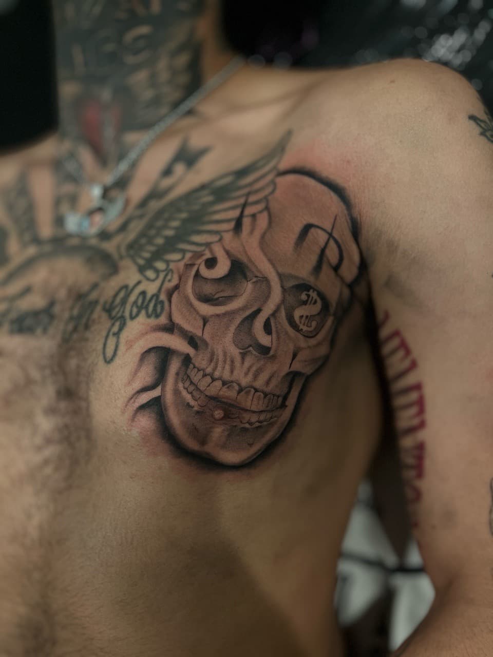 Black & Grey + Illustrative skull tattoo on Chest by Zay_Inkz on TattMe