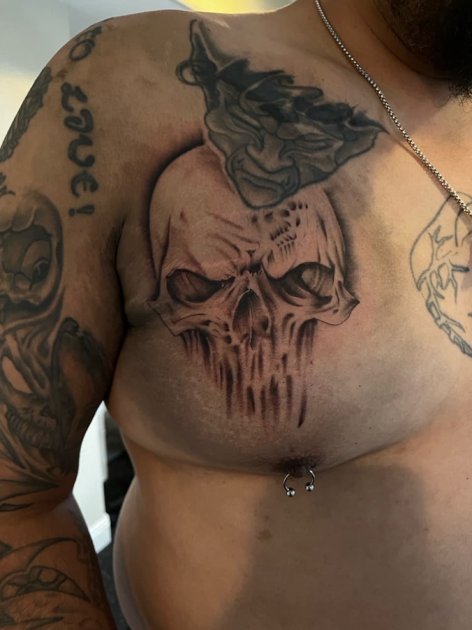 Black & Grey + Illustrative skull tattoo on Chest by Zay_Inkz on TattMe