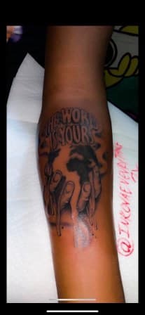 Black & Grey + Lettering world tattoo on Forearm by Torian_Benns on TattMe