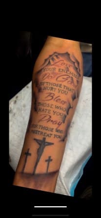 Black & Grey + Lettering scripture tattoo on Forearm by Torian_Benns on TattMe