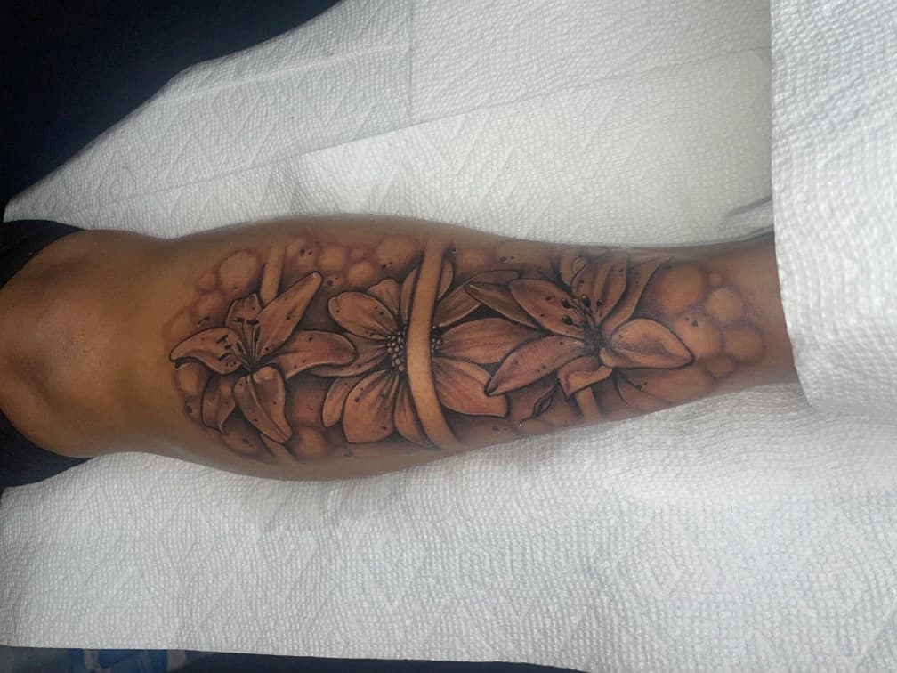 Floral + Black & Grey flowers tattoo on Calf by Torian_Benns on TattMe