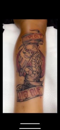 Neo-Traditional + Black & Grey skull tattoo on Calf by Torian_Benns on TattMe
