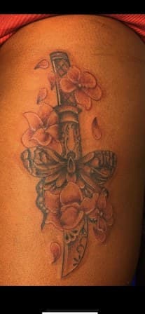 Illustrative + Neo-Traditional dagger tattoo on Thigh by Torian_Benns on TattMe