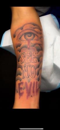Black & Grey + Lettering eye tattoo on Forearm by Torian_Benns on TattMe