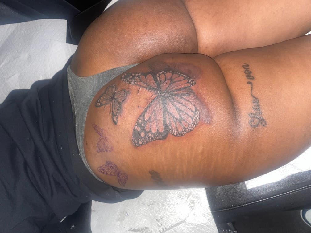 Black & Grey + Script butterflies tattoo on Buttocks by Torian_Benns on TattMe