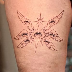 Black & Grey + Fine Line eyes tattoo on Thigh by cozinks on TattMe
